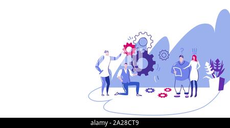 businesspople team controlling cogwheel processing mechanism colleagues brainstorming generating new business project concept sketch horizontal full Stock Vector