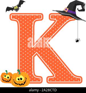 capital letter k with smiling pumpkins and halloween design elements isolated on white background. can be used for halloween season card, nursery deco Stock Vector