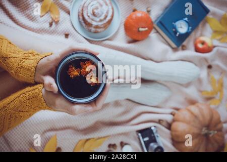 atmospheric autumn background. girl holds cup of tea. bun, pumpkin, apples, book, headphones, retro camera in frame Stock Photo