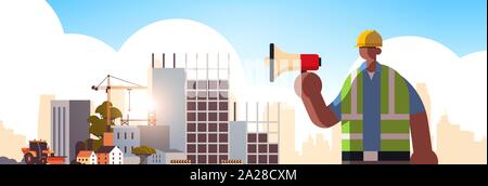 male builder holding megaphone busy workman using loudspeaker making announcement industrial worker in uniform building concept construction site Stock Vector