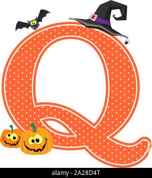 capital letter q with smiling pumpkins and halloween design elements isolated on white background. can be used for halloween season card, nursery deco Stock Vector