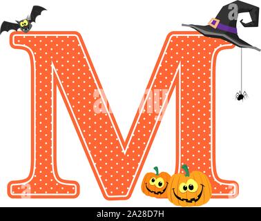 capital letter m with smiling pumpkins and halloween design elements isolated on white background. can be used for halloween season card, nursery deco Stock Vector