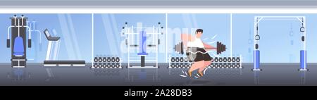 fat obese man lifting barbell overweight guy cardio training workout weight loss concept modern sport studio gym interior flat full length horizontal Stock Vector