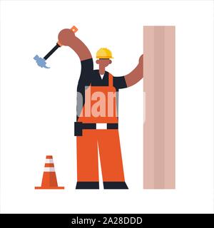 male builder using hammer busy african maerican workman industrial construction carpenter worker in uniform hammering a nail in wooden plank building Stock Vector