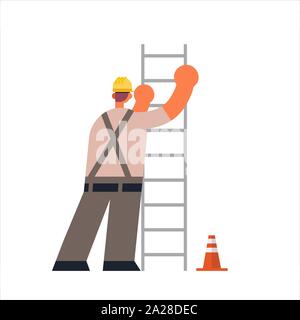 male builder climbing ladder busy workman industrial construction worker in uniform building concept rear view flat full length Stock Vector