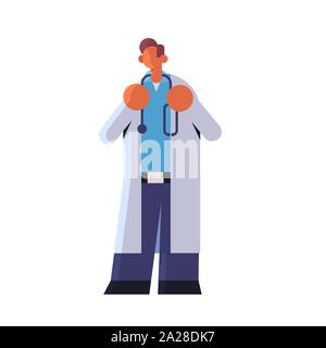 male doctor in white coat standing pose medicine healthcare concept hospital medical clinic worker with stethoscope full length flat Stock Vector