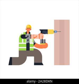 male builder using electric drill busy workman industrial construction carpenter worker in uniform drilling hole in wooden plank building concept flat Stock Vector
