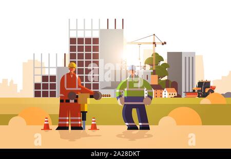 builders couple drilling with jackhammer wearing hard hat busy workmen working together industrial workers in uniform building concept construction Stock Vector