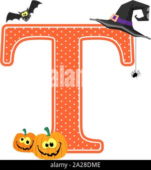 capital letter t with smiling pumpkins and halloween design elements isolated on white background. can be used for halloween season card, nursery deco Stock Vector