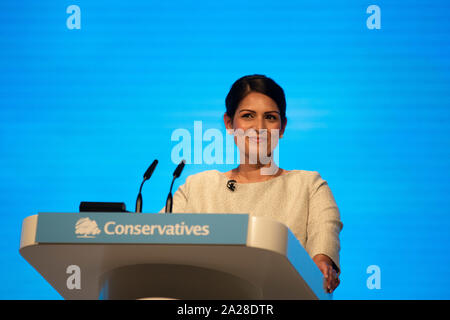 Manchester, UK. 1st Oct 2019.  Priti Patel, Secretary of State for the Home Department, giving her speech during the Conservative Party Conference at the Manchester Central Convention Complex, Manchester on Tuesday 1 October 2019 (Credit: P Scaasi | MI News) Credit: MI News & Sport /Alamy Live News Stock Photo