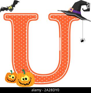 capital letter u with smiling pumpkins and halloween design elements isolated on white background. can be used for halloween season card, nursery deco Stock Vector