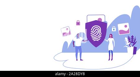 man woman using online mobile app with finger print guard shield privacy data protection and security concept sketch full length horizontal Stock Vector