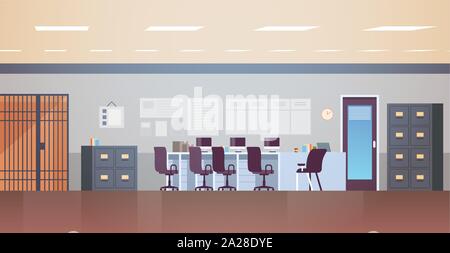 modern police station or department with furniture empty no people office room interior flat horizontal Stock Vector