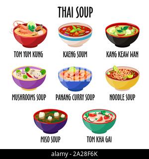 Thai soup icon set, different dishes in colorful bowls isolated Stock Vector