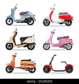 Set of colorful moped in flat style side view. Stock Vector