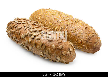 Long whole wheat sunflower seed bread roll and long whole wheat sesame seed bread roll isolated on white. Stock Photo