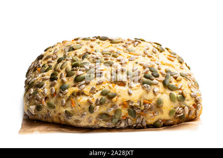 Seed  covered carrot bread bloomer loaf isolated on a white Stock Photo