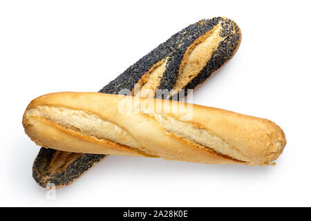 Two traditional baguettes isolated on white. Plain and poppy seed. Top view. Stock Photo