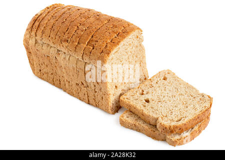 Sliced loaf of whole wheat toast bread isolated on white. Two slices lying. Stock Photo