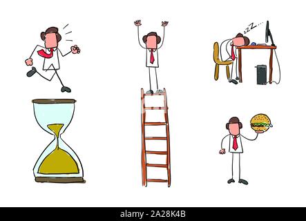 Quick hand drawing businessman set. Running on sand watch, standing on top of wooden ladder, sleeping at computer desk, holding fast food hamburger. B Stock Vector