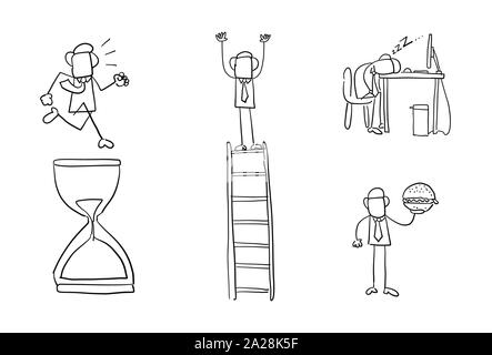 Quick hand drawing businessman set. Running on sand watch, standing on top of wooden ladder, sleeping at computer desk, holding fast food hamburger. B Stock Vector
