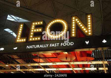 London Stansted, UK. 29th Sep, 2019. Leon signage and logo seen at their restaurant in London Stansted Airport Credit: Keith Mayhew/SOPA Images/ZUMA Wire/Alamy Live News Stock Photo