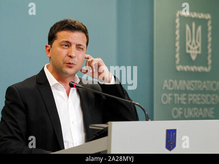 Ukrainian President Volodymyr Zelensky speaks during a press conference in Kiev. Ukraine has been at the core of a political storm in U.S. politics since the release of a whistle blower's complaint suggesting U.S. President Donald Trump at the expense of U.S. foreign policy, pressured Ukraine to investigate Trump's rival Joe Biden, and Biden's son Hunter Biden, as media reported. Stock Photo
