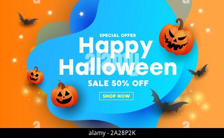 Creative happy halloween sale promotion banner with scary faces pumpkins, bats on an orange blue background. Halloween website sale banner, poster or Stock Vector