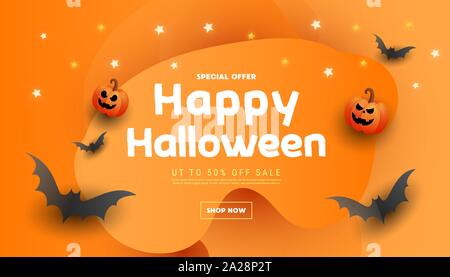 Halloween sale banner with scary faces pumpkins, bats on an orange background. Halloween website sale banner, poster or card template. Stock Vector