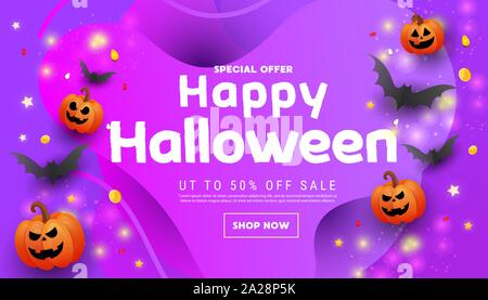 Modern happy halloween sale promotion banner with scary faces pumpkins, bats on an orange blue background. Halloween website sale banner, poster or ca Stock Vector