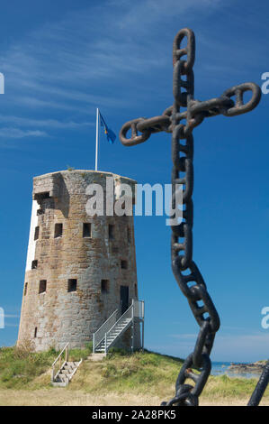 The Round tower at Le Hocq, in St Clement, one of a series of 22 historic defensive forts built around the coast of Jersey. The Channel Islands, UK. Stock Photo