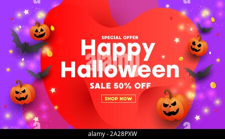 Halloween template set of banners with pumpkins, bats and glitter stars on purple background. Red liquid shape frame. Can be used for banner, poster, Stock Vector