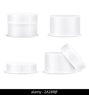 Round white box vector template isolated on white background. Closed and Open gift box Stock Vector