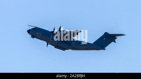 OSTRAVA, CZECH REPUBLIC - SEPTEMBER 22, 2019: NATO Days. A400M Atlas tactical transport aircraft of the French Air Force captured mid-air. Blue sky. Stock Photo