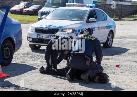 OSTRAVA, CZECH REPUBLIC - SEPTEMBER 21, 2019: NATO Days. Dynamic display of Czech police force, suspect pulled over and arrested. Stock Photo