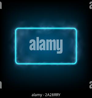 Neon rectangle glowing frame with light blue color and smoke. Banner with blank space Stock Vector
