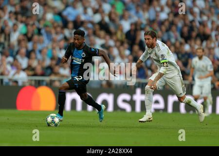 Madrid, Spain. 01st Oct, 2019. Madrid, Spain; 01/10/2019.Real Madrid vs Brugge Champions League match 02, 2019-2020 held at Santiago Bernabeu stadium, in Madrid. Emmanuel Bonaventure Brugge Player second goal Credit: Juan Carlos Rojas/Picture Alliance | usage worldwide/dpa/Alamy Live News Stock Photo