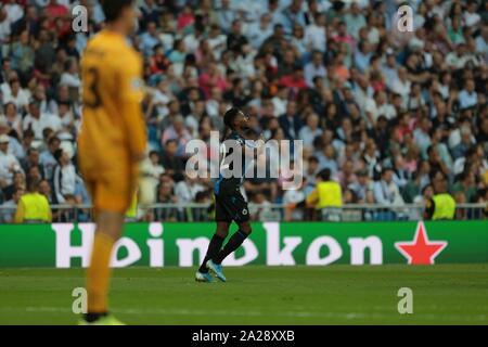 Madrid, Spain. 01st Oct, 2019. Madrid, Spain; 01/10/2019.Real Madrid vs Brugge Champions League match 02, 2019-2020 held at Santiago Bernabeu stadium, in Madrid. Emmanuel Bonaventure Brugge Player second goal Credit: Juan Carlos Rojas/Picture Alliance | usage worldwide/dpa/Alamy Live News Stock Photo