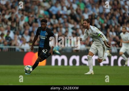 Madrid, Spain. 01st Oct, 2019. Madrid, Spain; 01/10/2019.Real Madrid vs Brugge Champions League match 02, 2019-2020 held at Santiago Bernabeu stadium, in Madrid. Emmanuel Bonaventure Brugge Player second goal Credit: Juan Carlos Rojas/Picture Alliance | usage worldwide/dpa/Alamy Live News Stock Photo