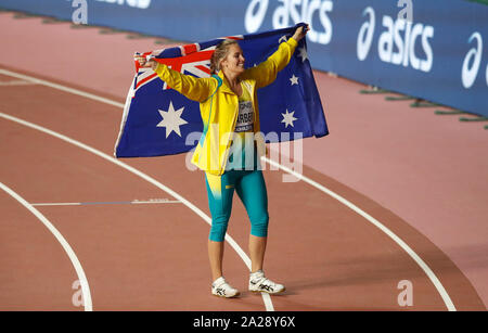 Australia's Kelsey-Lee Barber celebrates gold in the the Women's Javelin final during day five of the IAAF World Championships at The Khalifa International Stadium, Doha, Qatar. Stock Photo