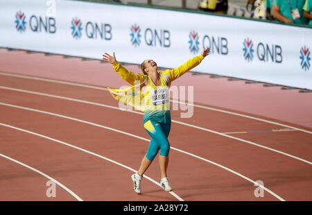 Australia's Kelsey-Lee Barber celebrates gold in the the Women's Javelin final during day five of the IAAF World Championships at The Khalifa International Stadium, Doha, Qatar. Stock Photo