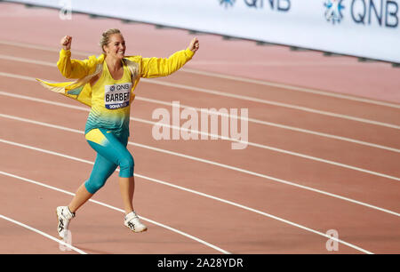 Australia's Kelsey-Lee Barber celebrates gold in the the Women's Javelin final during day five of the IAAF World Championships at The Khalifa International Stadium, Doha, Qatar. Stock Photo