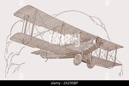 Historic two-seater biplane flying in front of large cumulus clouds. Illustration after a lithography from the early 20th century Stock Vector