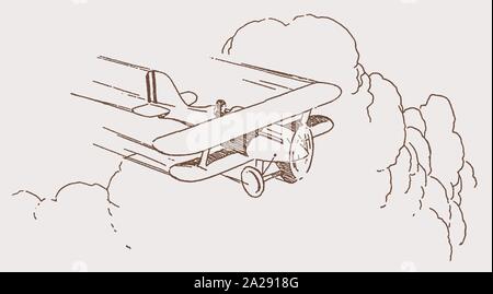Historic single-seater biplane flying in front of large cumulus clouds. Illustration after a lithography from the early 20th century Stock Vector