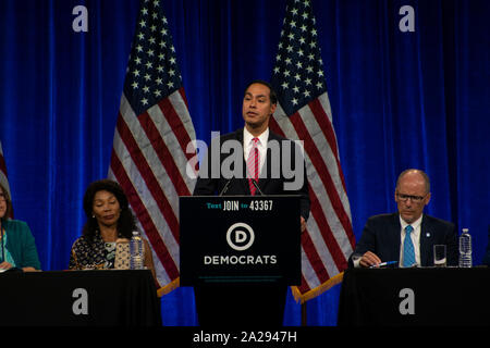 Former U.S. Secretary of Housing and Urban Development Julian Castro speaks at the DNC summer meetings in San Francisco on Aug. 23, 2019. Stock Photo