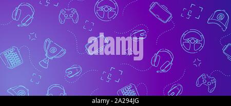 Game Gadgets - Line concept art with modern blue and violet background for web, market, banner or fb cover. Gamepad, headphones, vr, mouse, cup elements. Stock Vector