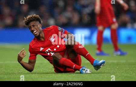 Bayern Munich's Kingsley Coman reacts on the floor during the UEFA Champions League match at Tottenham Hotspur Stadium, London. Stock Photo