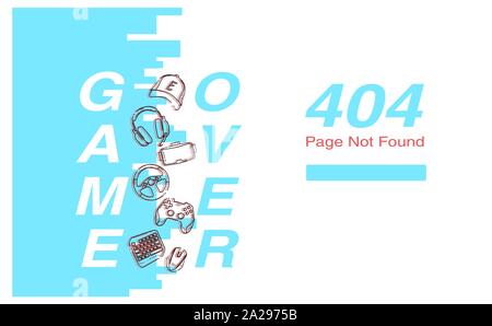 Page 404 with concept Game Over, blue color and Glitch linear Game Gadgets icons - gamepad, headphones, vr, mouse, cup, keyboard elements. Stock Vector