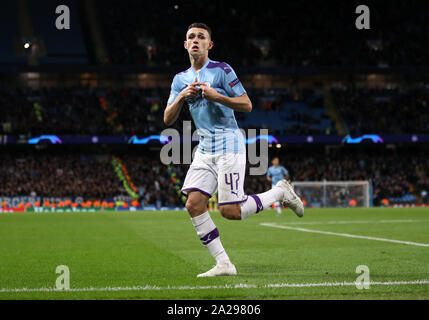 Manchester City's Phil Foden celebrates scoring his side's second goal of the game during the UEFA Champions League match at the Etihad Stadium, Manchester.