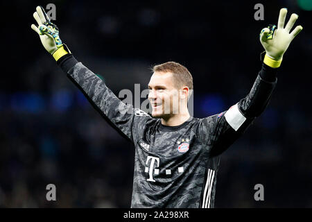 London, UK. 01st Oct, 2019. GOAL - Manuel Neuer of Bayern Munich celebrates the 7th goal during the UEFA Champions League group stage match between Tottenham Hotspur and Bayern Munich at Tottenham Hotspur Stadium, London, England on 1 October 2019. Photo by Carlton Myrie. Editorial use only, license required for commercial use. No use in betting, games or a single club/league/player publications. Credit: UK Sports Pics Ltd/Alamy Live News Stock Photo